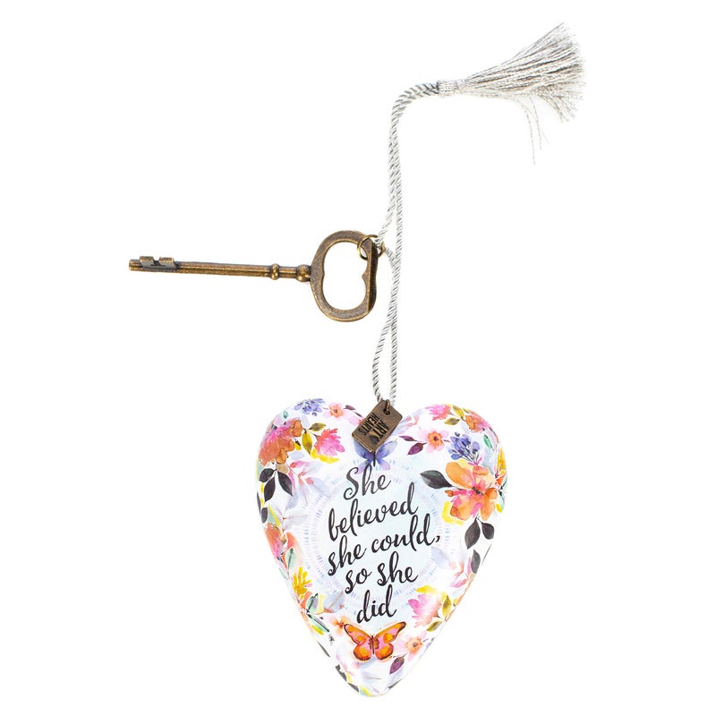 DEMDACO She Believed She Could So She Did Butterfly Floral 4 x 3 Heart Shaped Resin Keepsake Art Hearts Decoration with Key and Tassel - Image 2